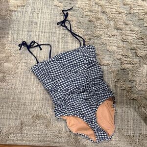 J. Crew Navy Blue White Gingham Seersucker One-Piece Swimsuit Bandeau NWT Sz 14